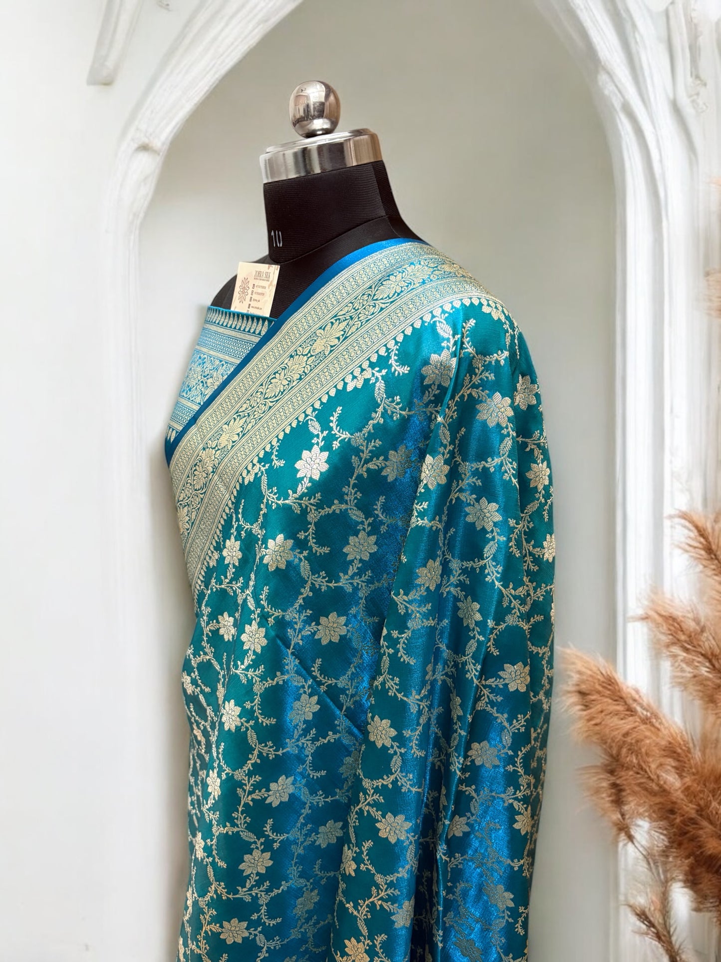 Blue-Green Jaal Pattern Satin Silk