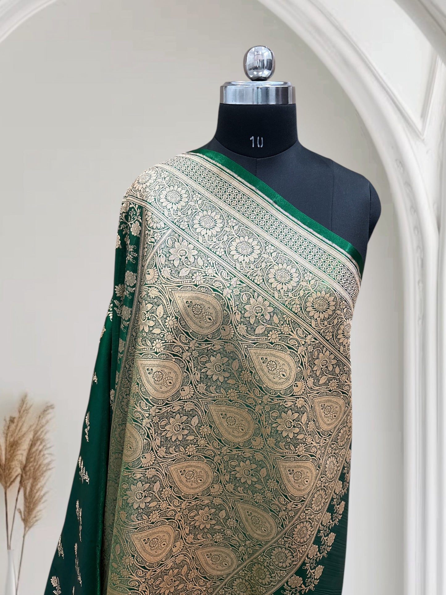 Green with Golden Zari Work and Rose Buti Design Satin Silk Banarasi Saree