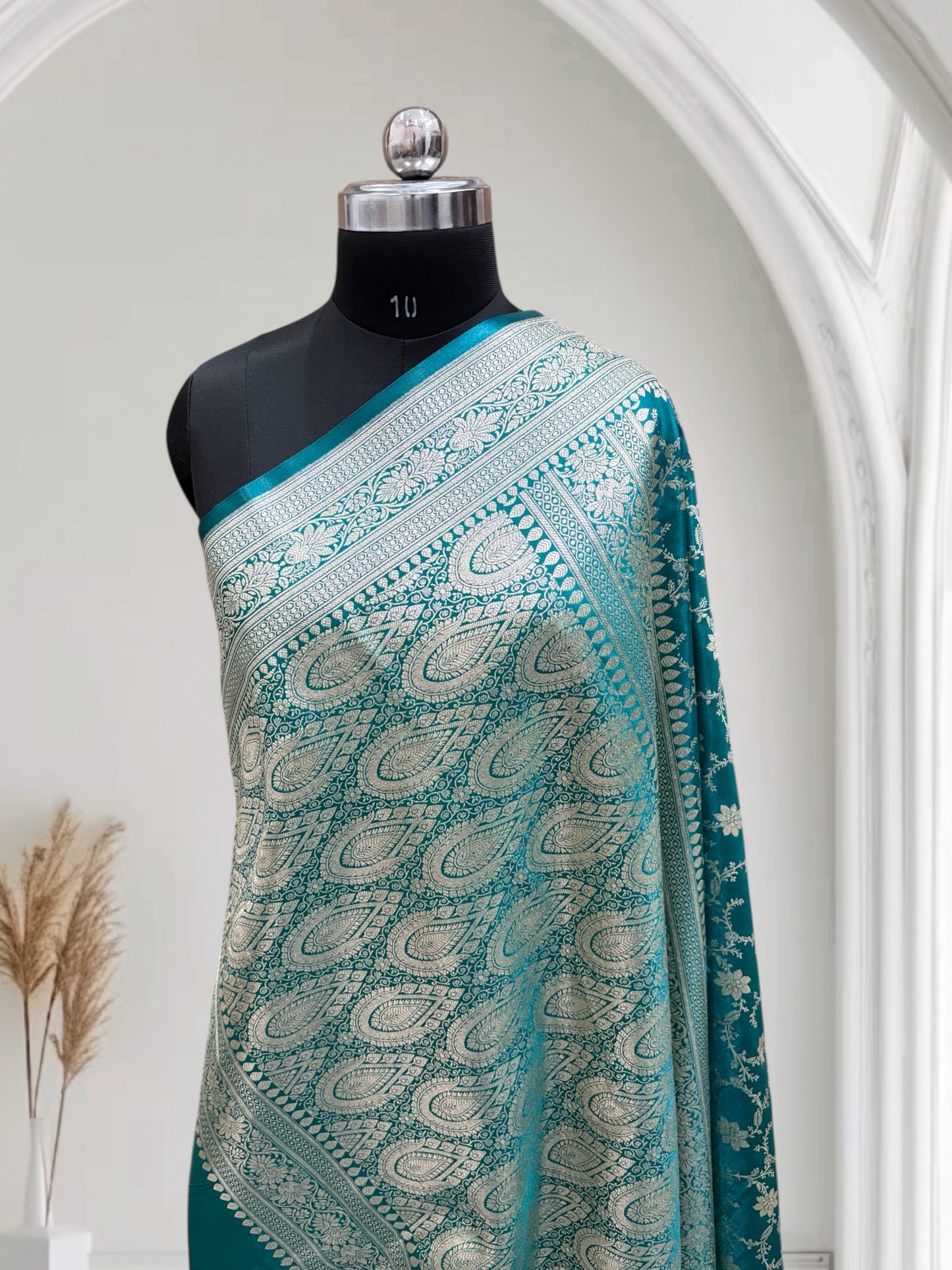 Satin Silk Banarasi Saree in Firoza
