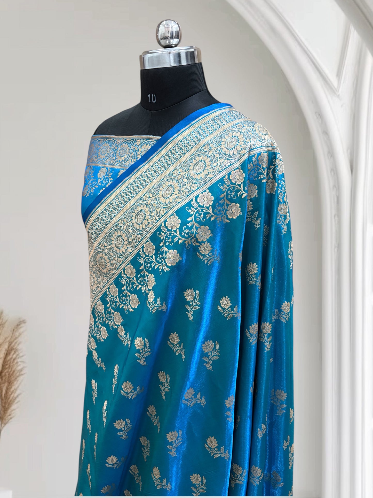 Firoza with Golden Zari Work and Rose Buti Design Satin Silk Banarasi Saree