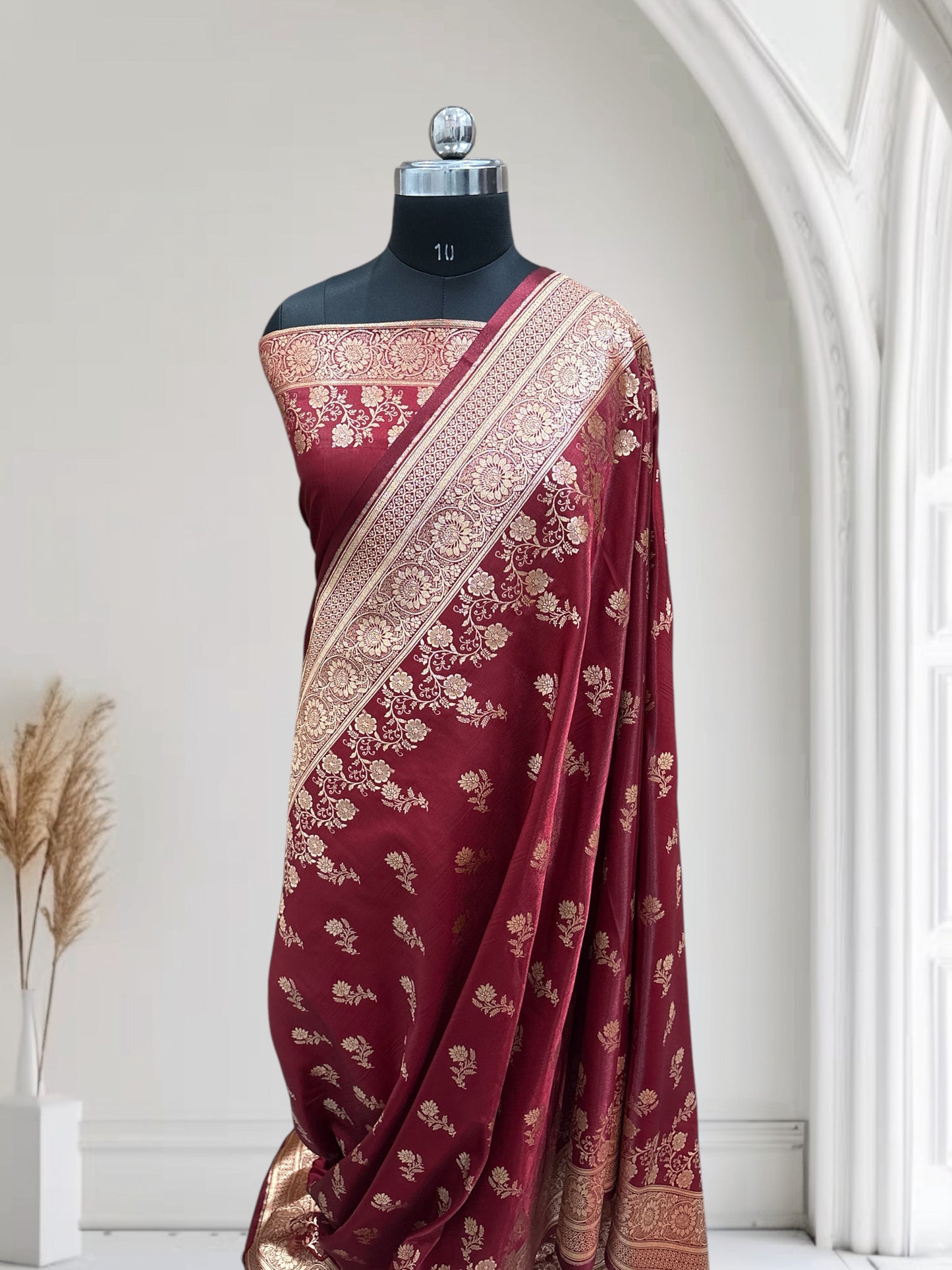 Maroon with Golden Zari Work and Rose Buti Design Satin Silk Banarasi Saree