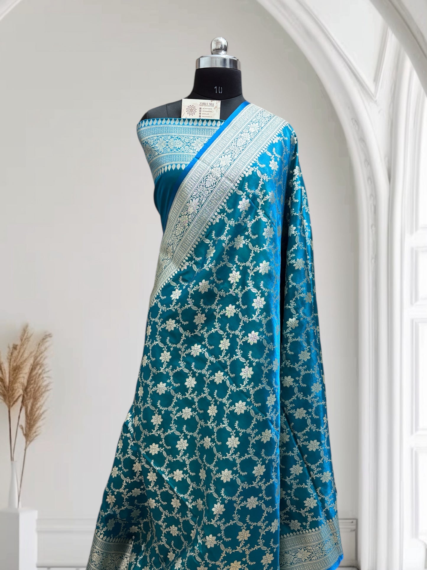 Satin Silk Banarasi Saree in Firoza