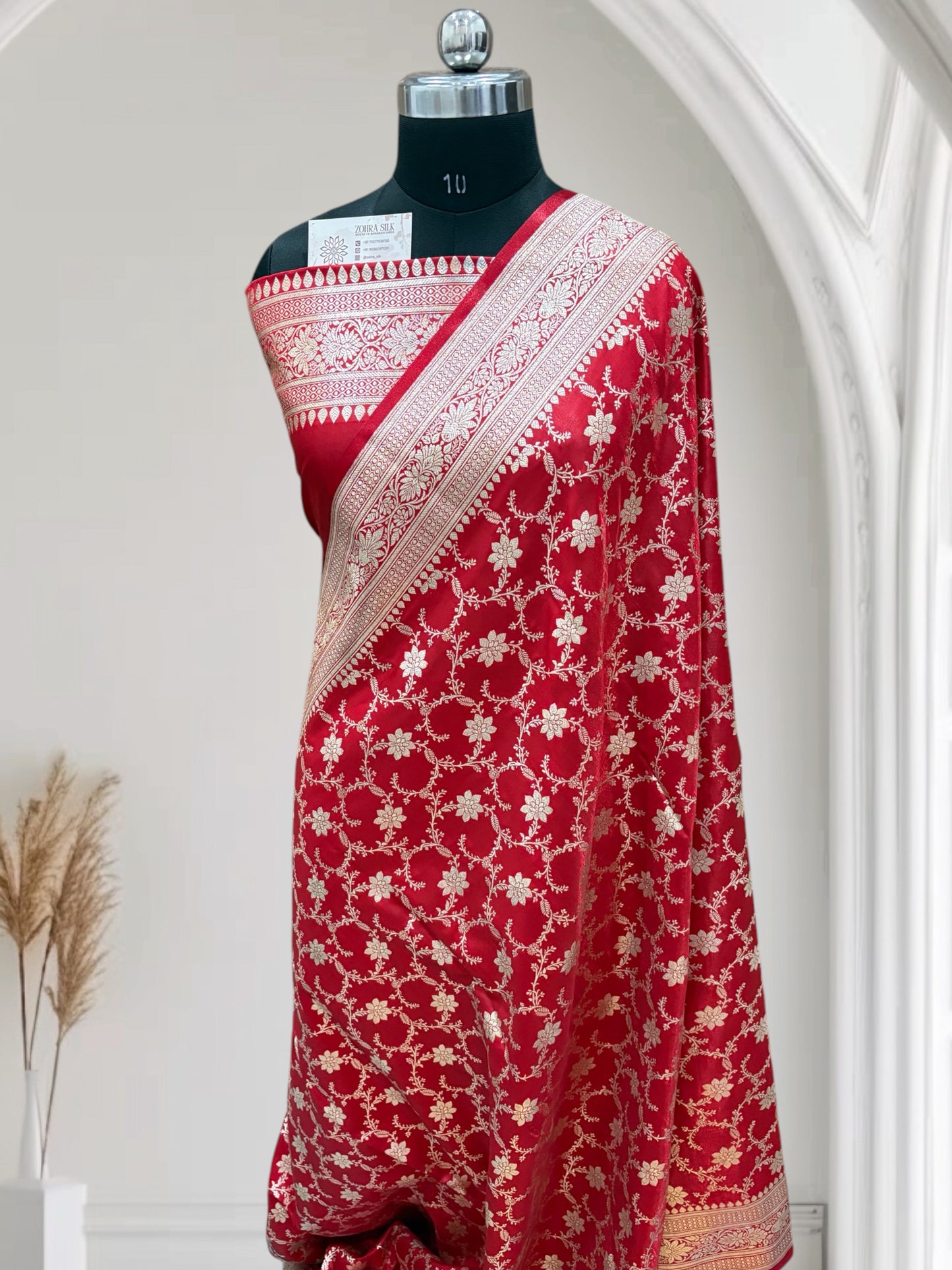 Red Jaal Pttern Satin Silk Saree