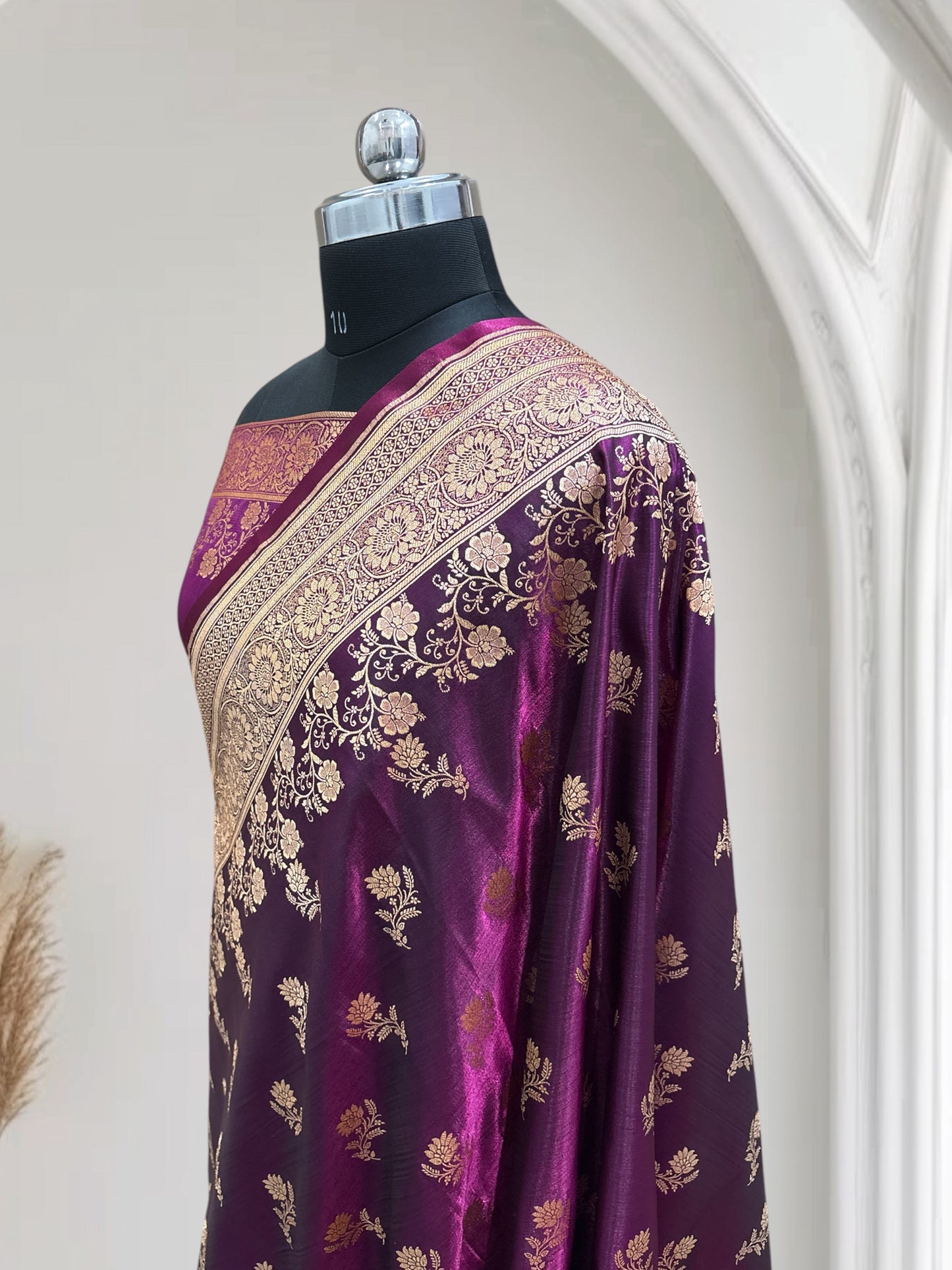 Magenta with Golden Zari Work and Rose Buti Design Satin Silk Banarasi Saree
