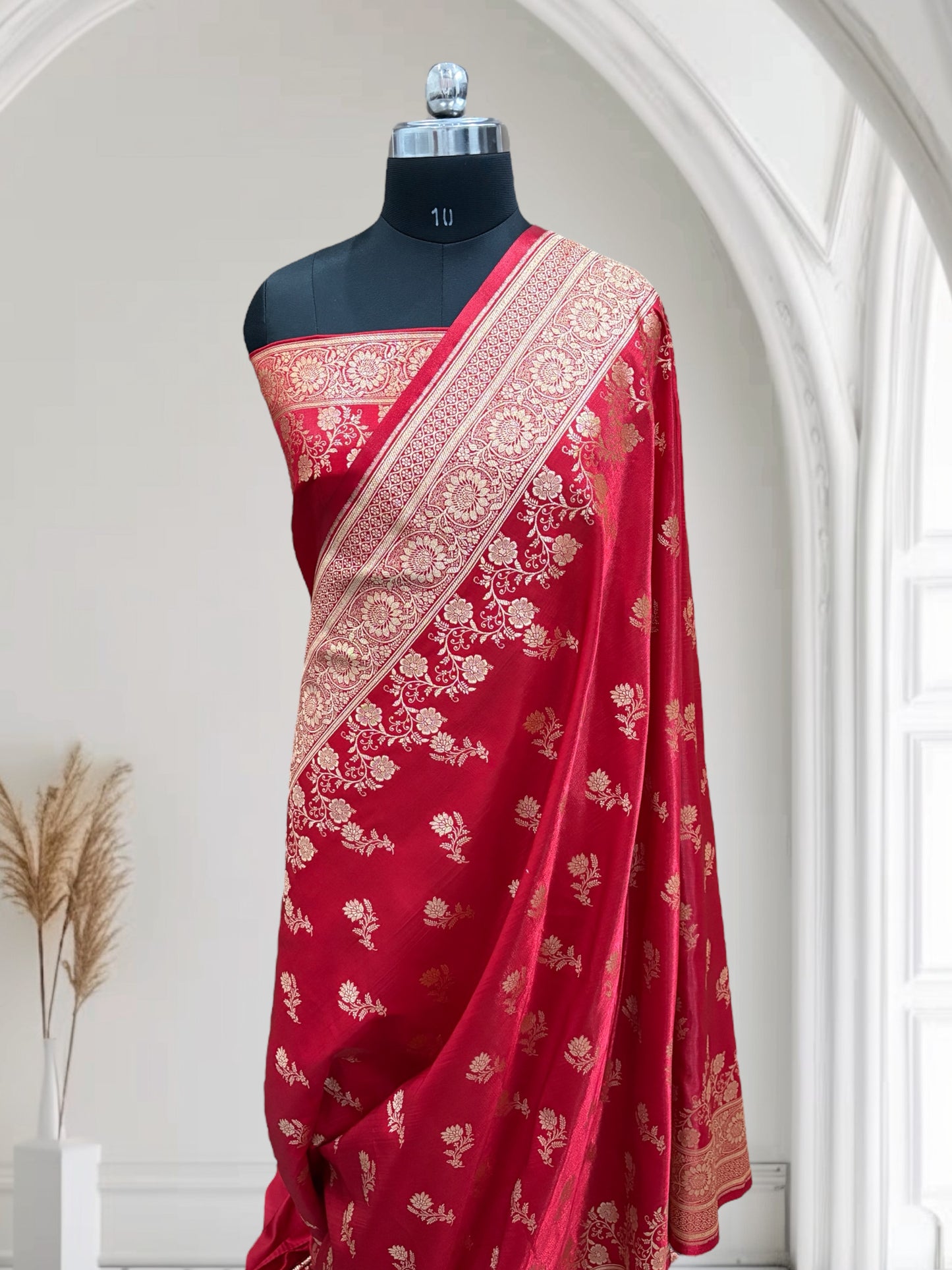 Red with Golden Zari Work and Rose Buti Design Satin Silk Banarasi Saree