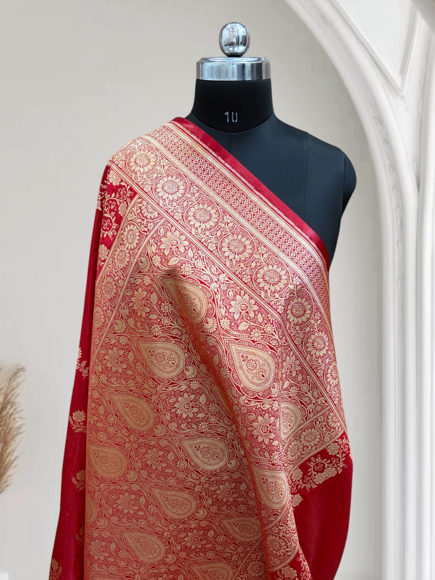 Red with Golden Zari Work and Rose Buti Design Satin Silk Banarasi Saree