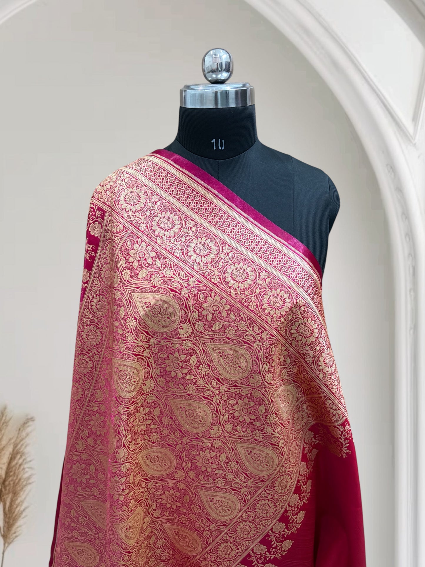 Rani with Red Shaded Zari Work and Rose Buti Design Satin Silk Banarasi Saree