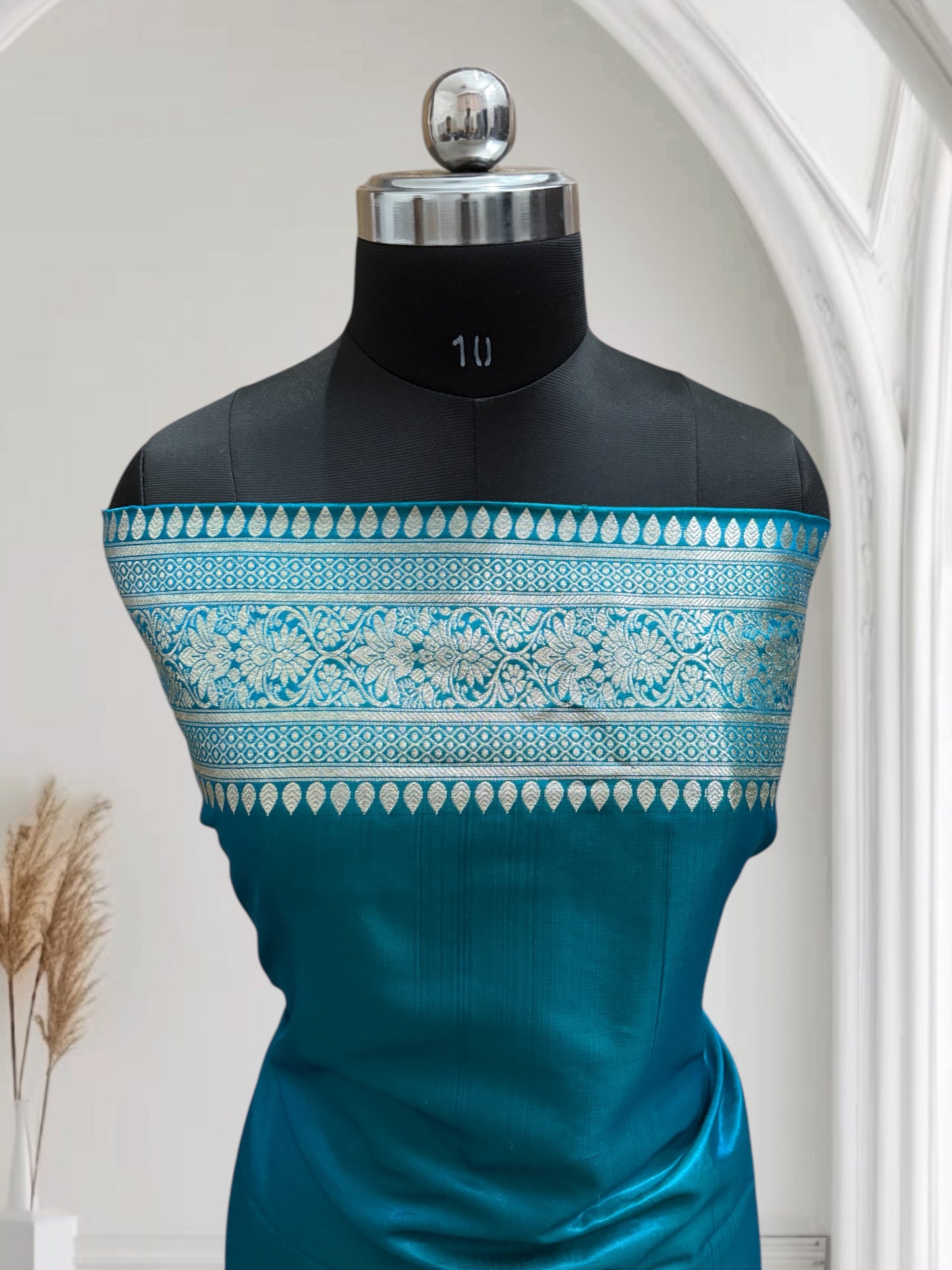 Blue-Green Jaal Pattern Satin Silk