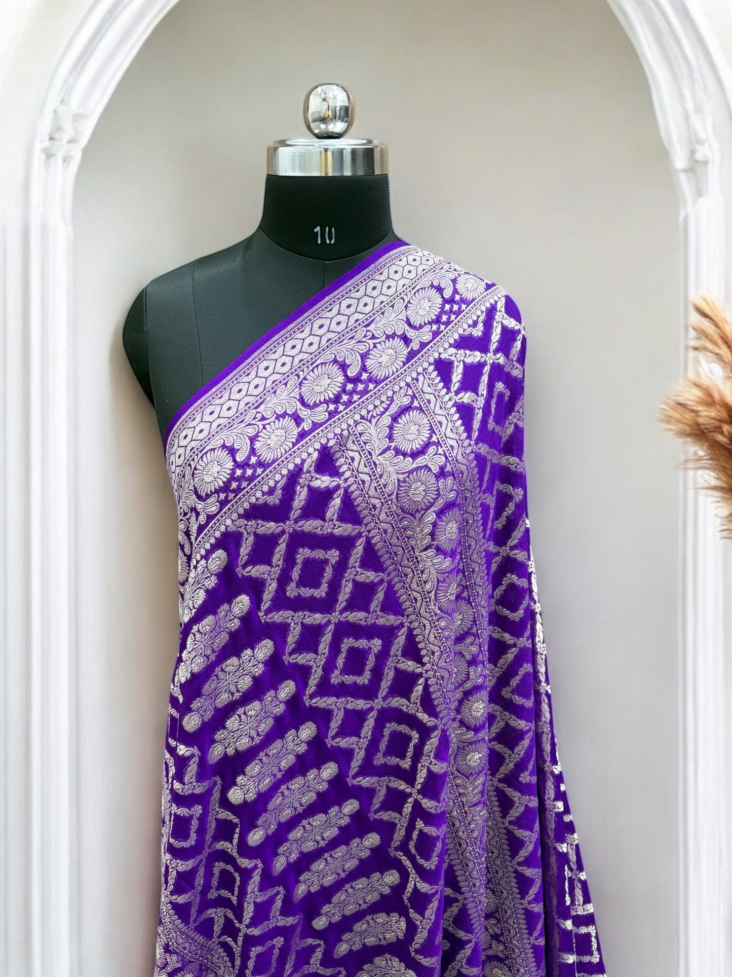 Blue-Magenta Violet Light Golden Zari Work Chiffon Pure Silk Banarasi Saree