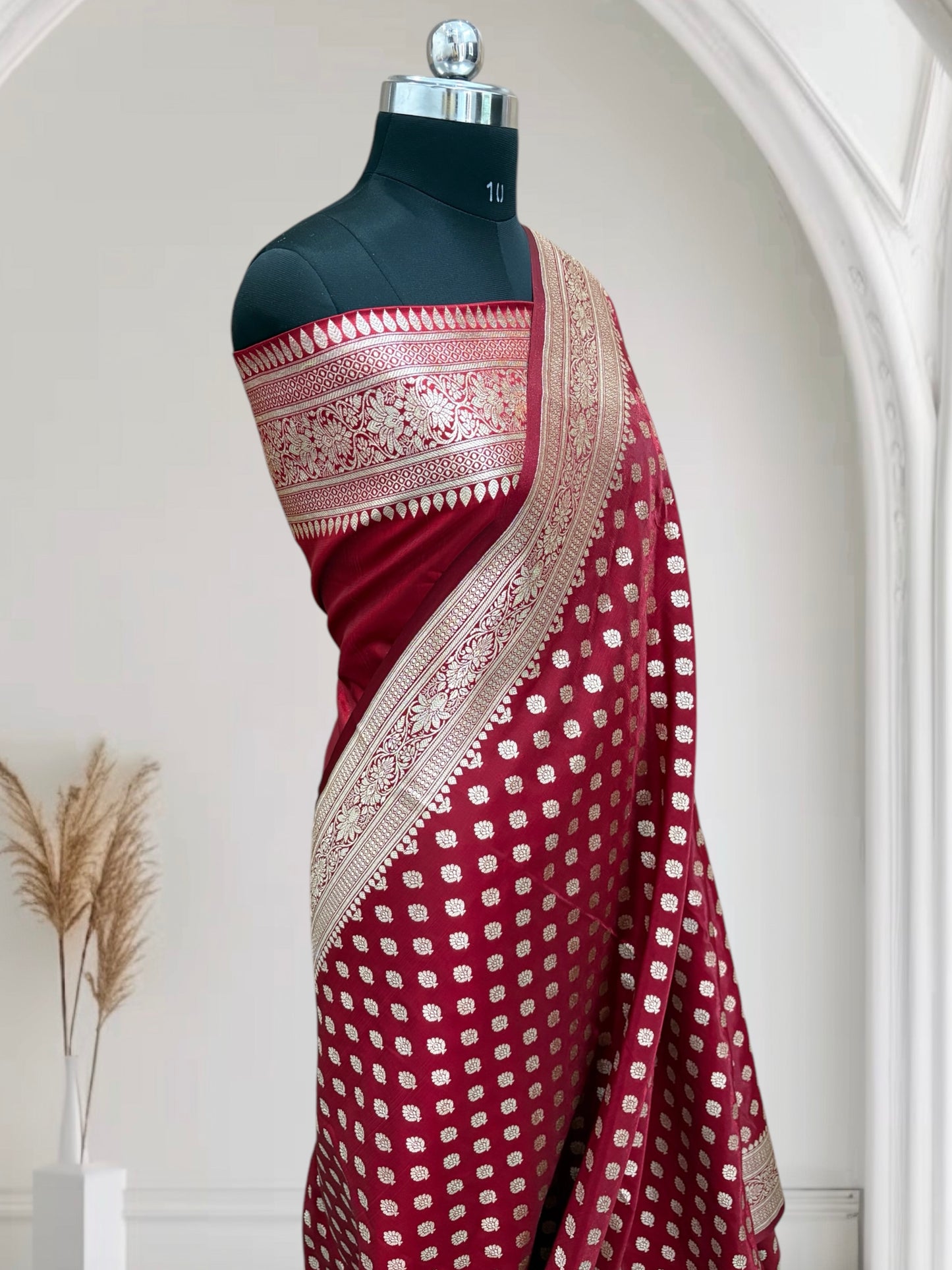 Maroon Buti Satin Silk Banarasi Saree