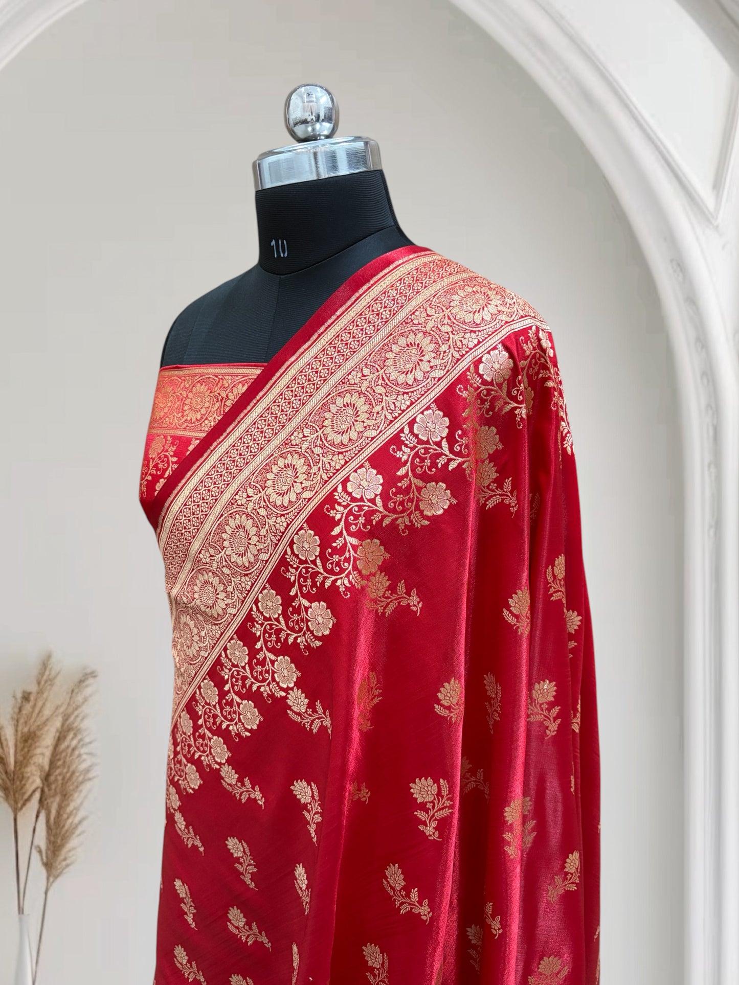 Red with Golden Zari Work and Rose Buti Design Satin Silk Banarasi Saree