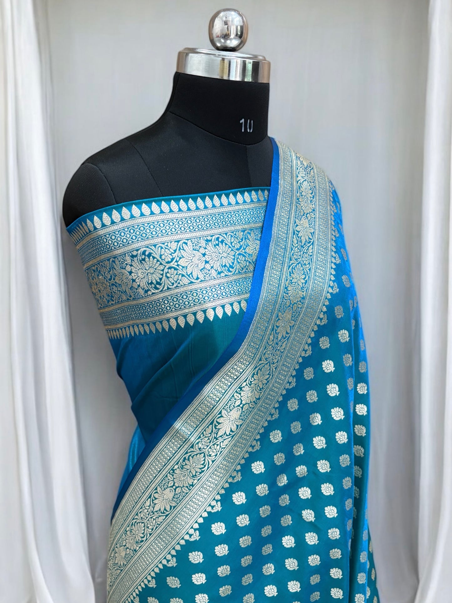 Blue-Green Buti Satin Silk Saree