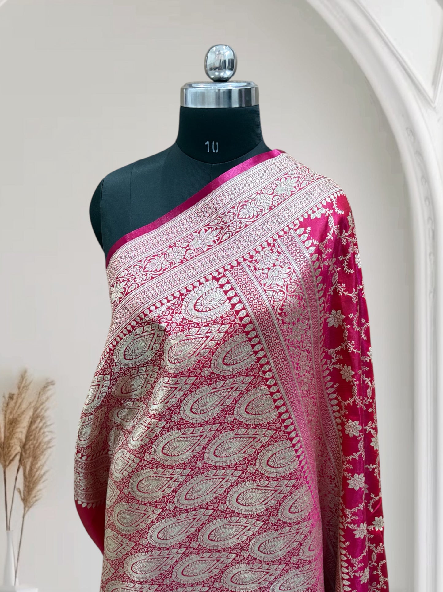 Satin Silk Banarasi Saree in Rani with Red Shaded