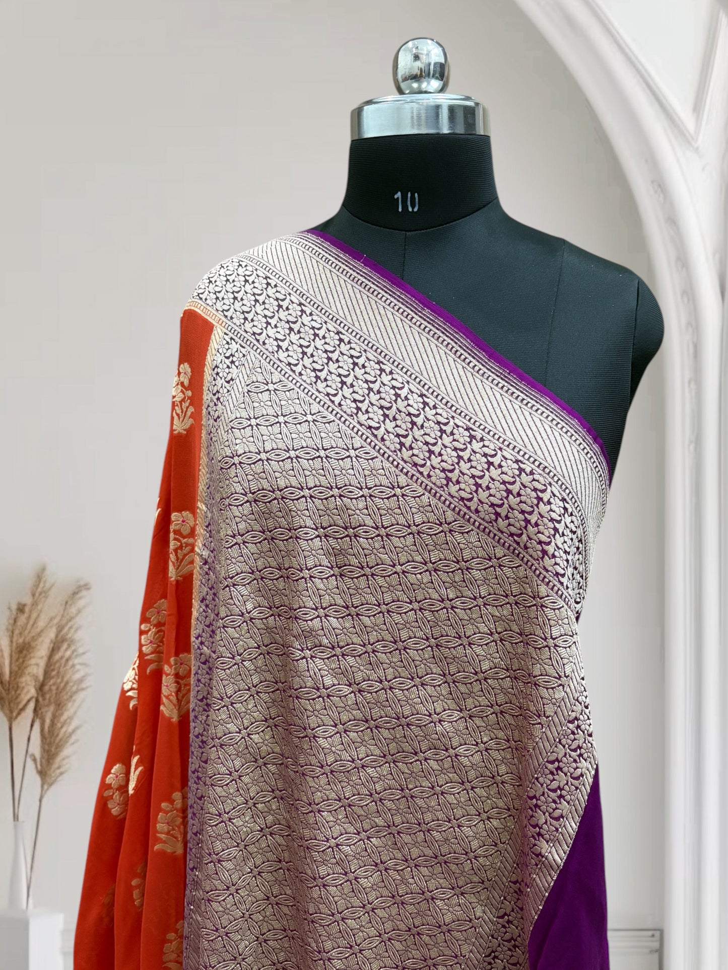 Orange & Violet Chiffon Pure Georgette Banarasi Saree