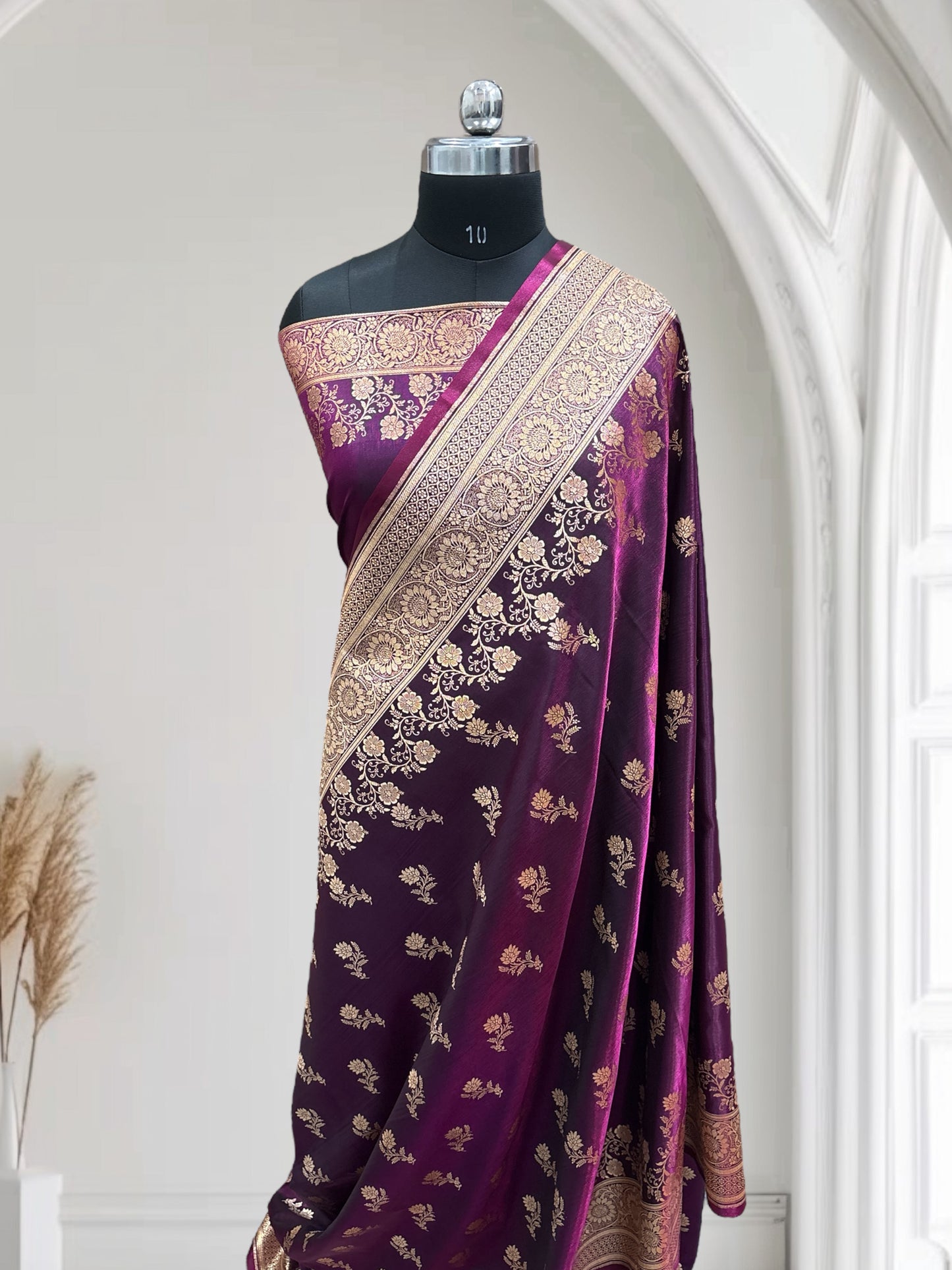 Magenta with Golden Zari Work and Rose Buti Design Satin Silk Banarasi Saree