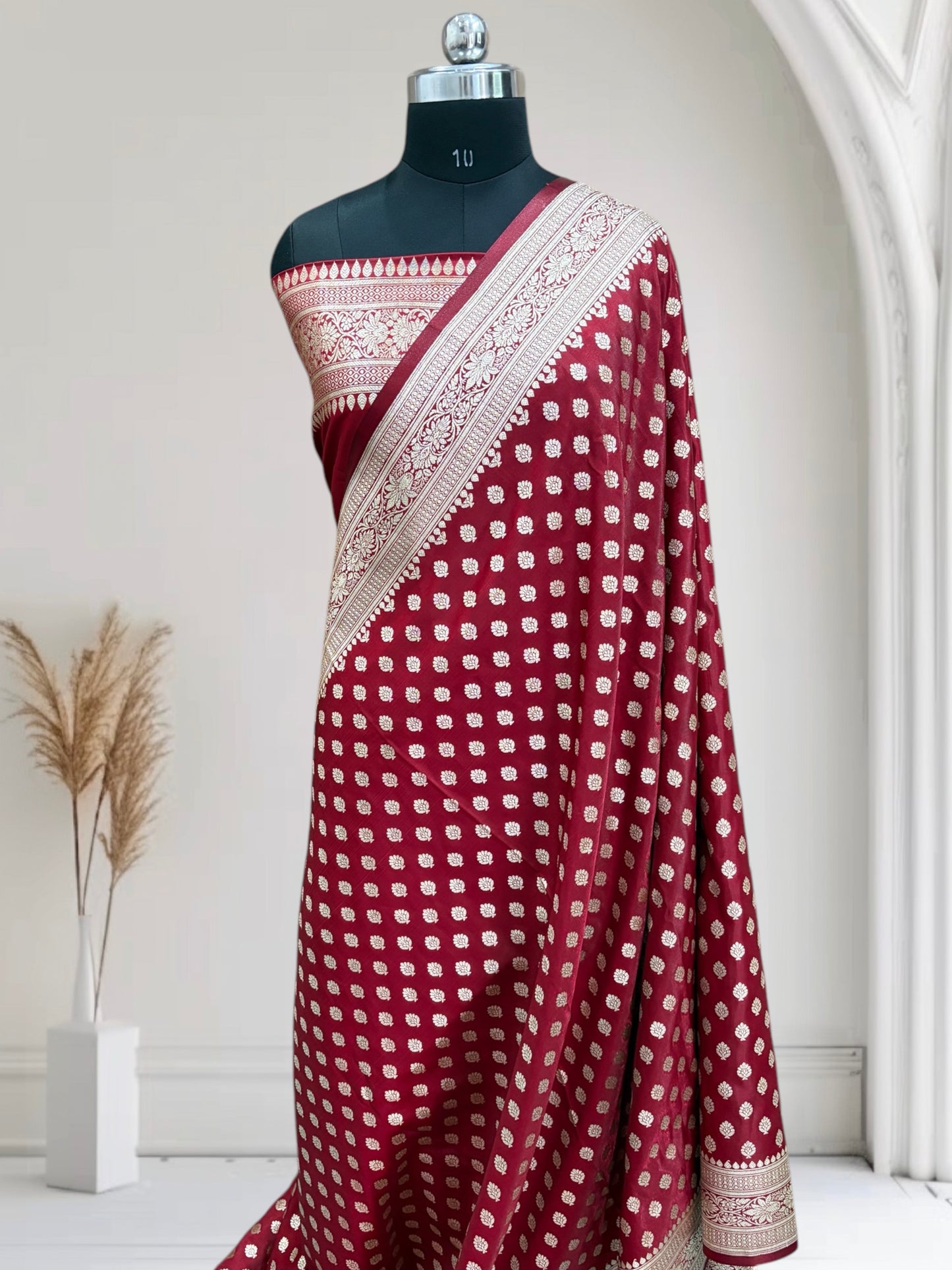 Maroon Buti Satin Silk Banarasi Saree