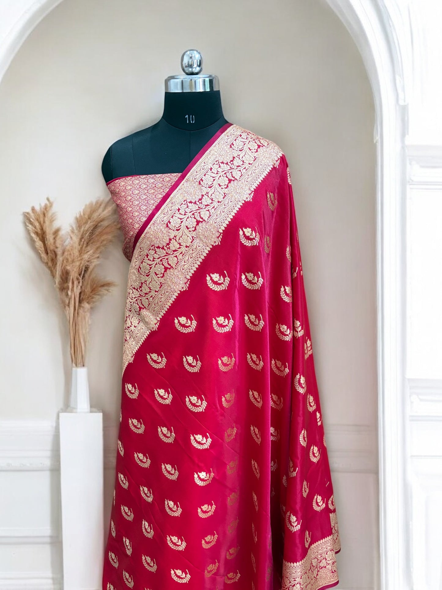 Red Chand Pattern Satin Silk Saree