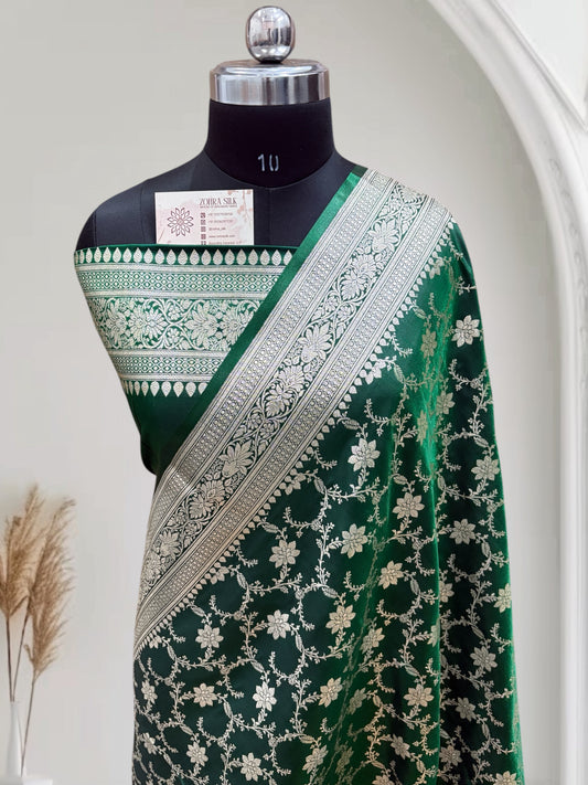 Dark Green With Shaded Jaal Pattern Satin Silk Saree