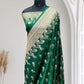Green with Golden Zari Work and Rose Buti Design Satin Silk Banarasi Saree