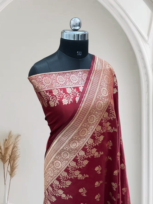 Maroon with Golden Zari Work and Rose Buti Design Satin Silk Banarasi Saree