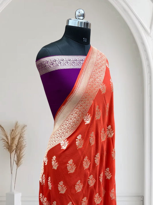 Orange & Violet Chiffon Pure Georgette Banarasi Saree