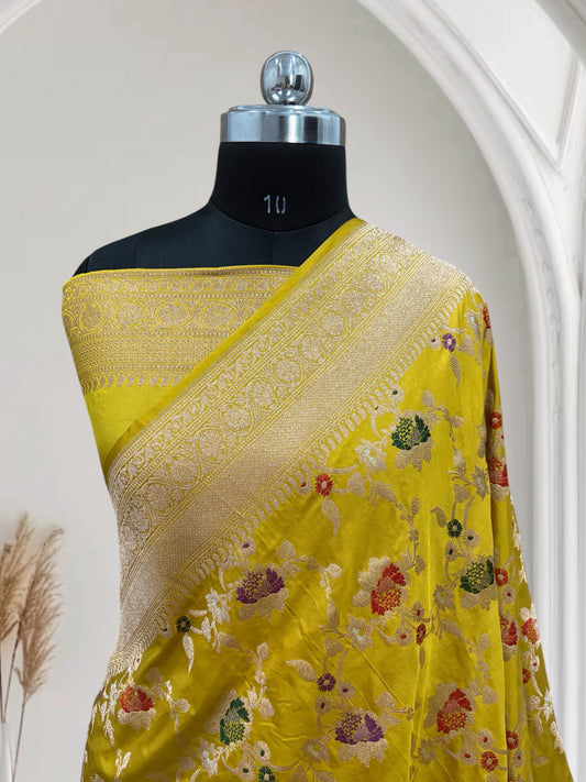 Yellow Multi Colour Meena Pure Kataan Silk Banarasi Saree