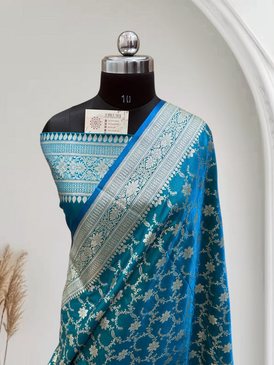 Satin Silk Banarasi Saree in Firoza