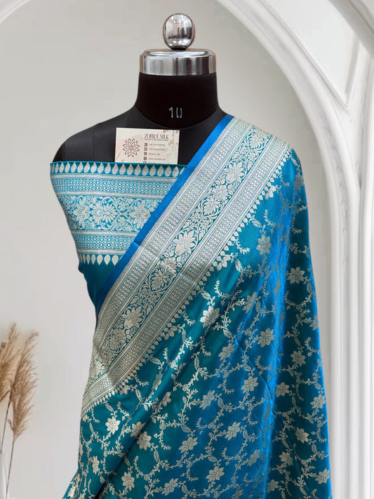 Blue-Green Jaal Pattern Satin Silk