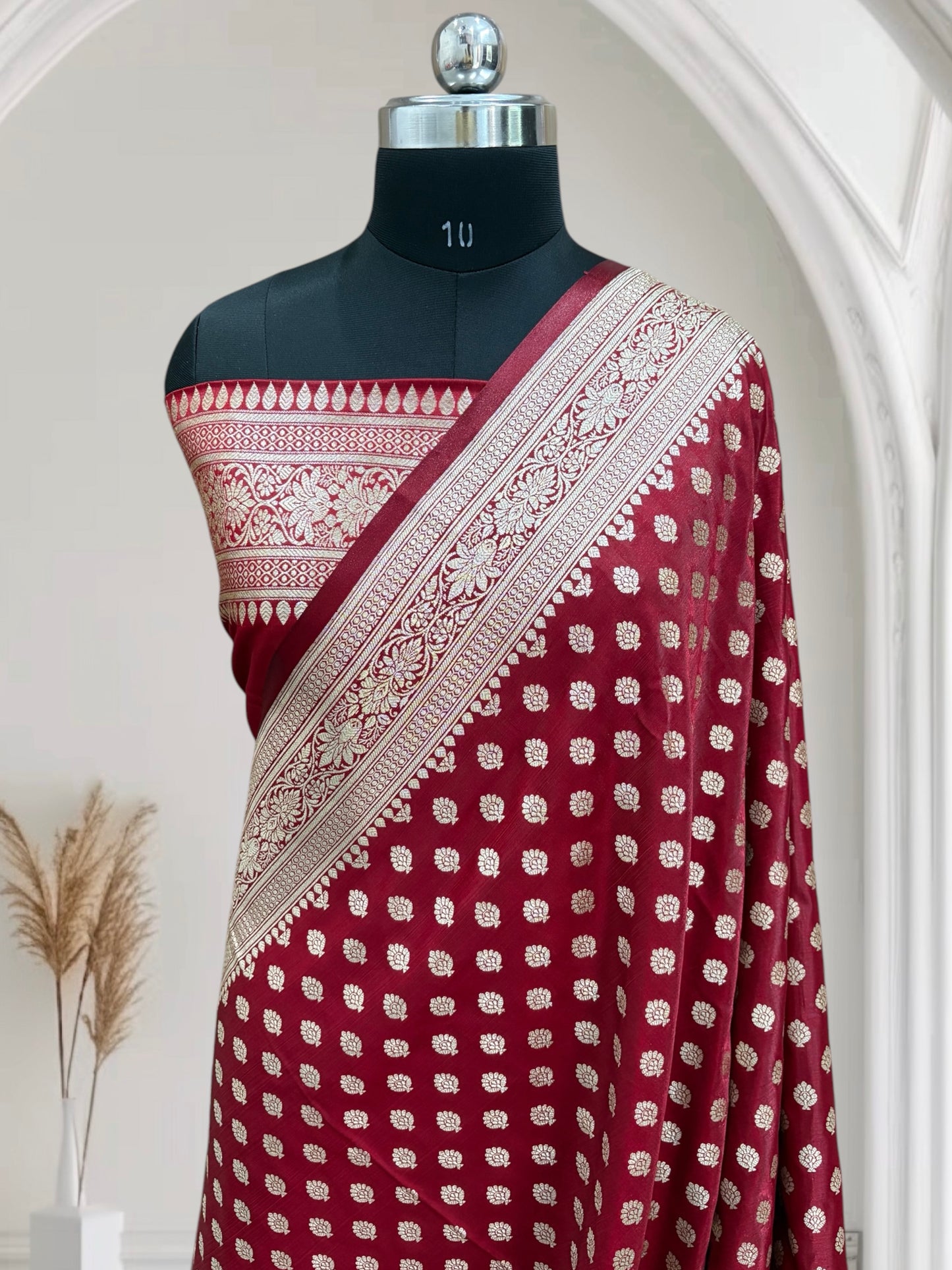 Maroon Buti Satin Silk Saree