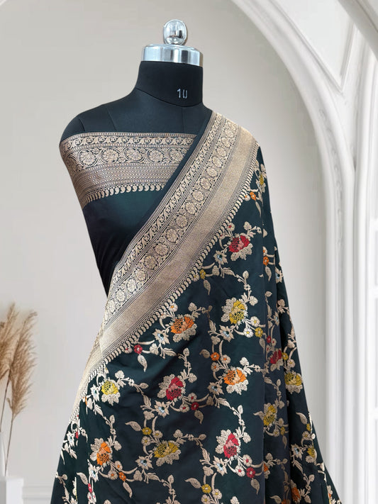 Dark Green Pure Kataan Silk Banarasi Saree with Floral Meena Jaal
