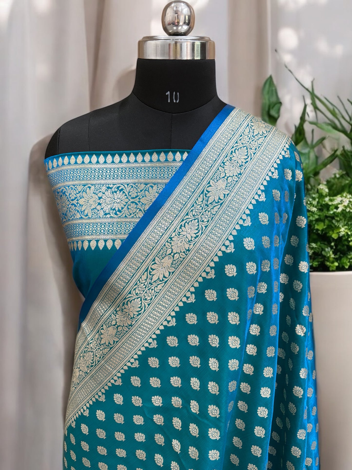Blue-Green Buti Satin Silk Saree