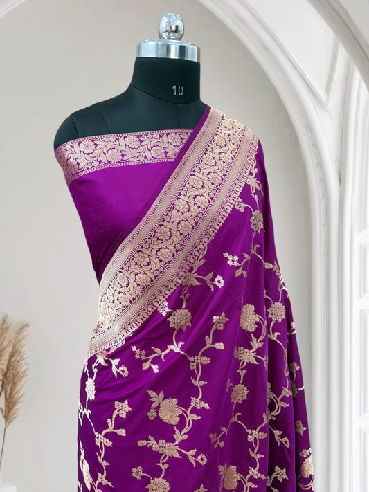 Wine Pure Kataan Silk Banarasi Saree with Simple Floral Jaal