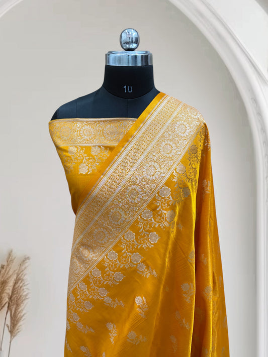 Haldi with Golden Zari Work and Rose Buti Design Satin Silk Banarasi Saree