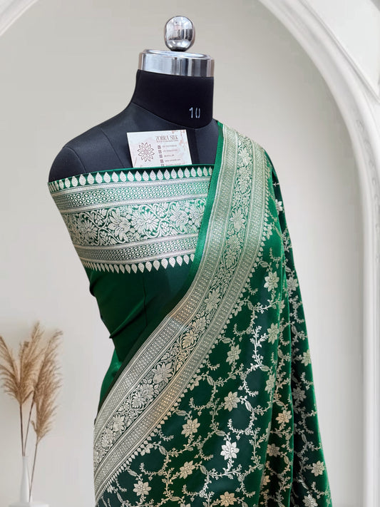 Dark Green With Shaded Jaal Pattern Satin Silk Saree