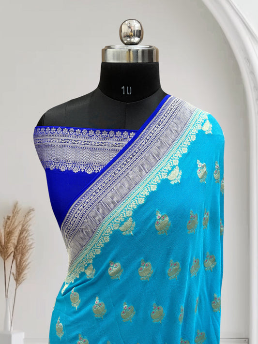 Royal Blue & Blue-Green Chiffon Pure Georgette Banarasi Saree