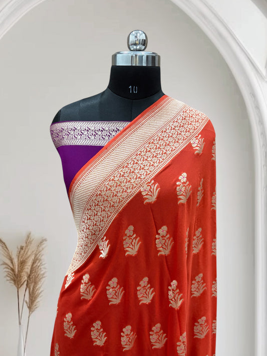 Orange & Violet Chiffon Pure Georgette Banarasi Saree