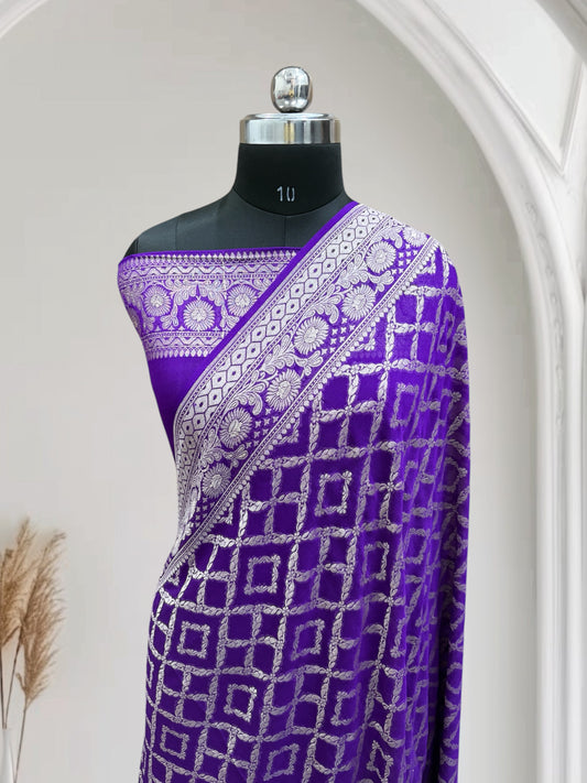 Blue-Magenta Violet Light Golden Zari Work Chiffon Pure Silk Banarasi Saree