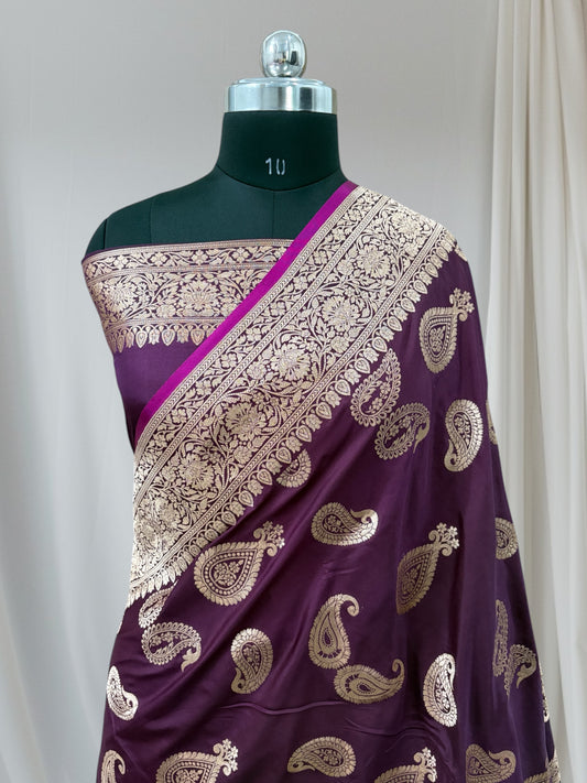 Garnet Kairi Buti Pure Kataan Silk Banarasi Saree