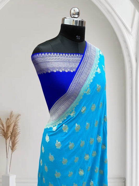 Royal Blue & Blue-Green Chiffon Pure Georgette Banarasi Saree