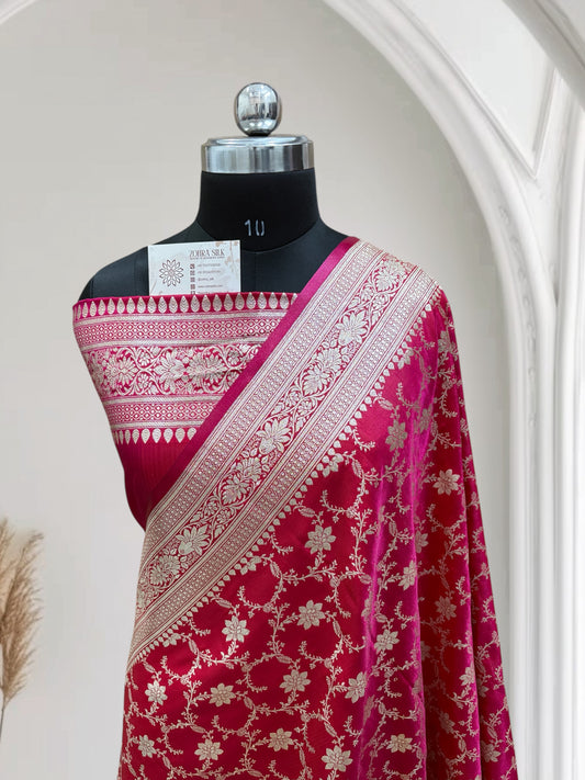 Satin Silk Banarasi Saree in Rani with Red Shaded