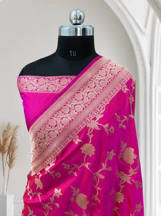 Rich Pink Pure Kataan Silk Banarasi Saree with Simple Floral Jaal