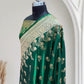 Green with Golden Zari Work and Rose Buti Design Satin Silk Banarasi Saree