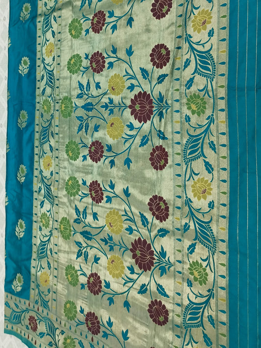 Blue-Green Golden Zari Mashru Silk Banarasi Saree