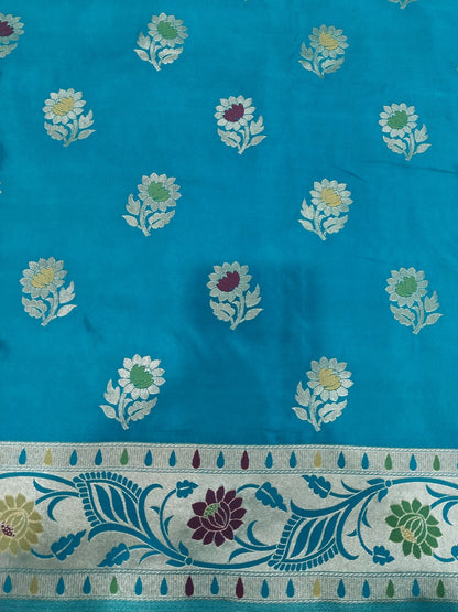 Blue-Green Golden Zari Mashru Silk Banarasi Saree