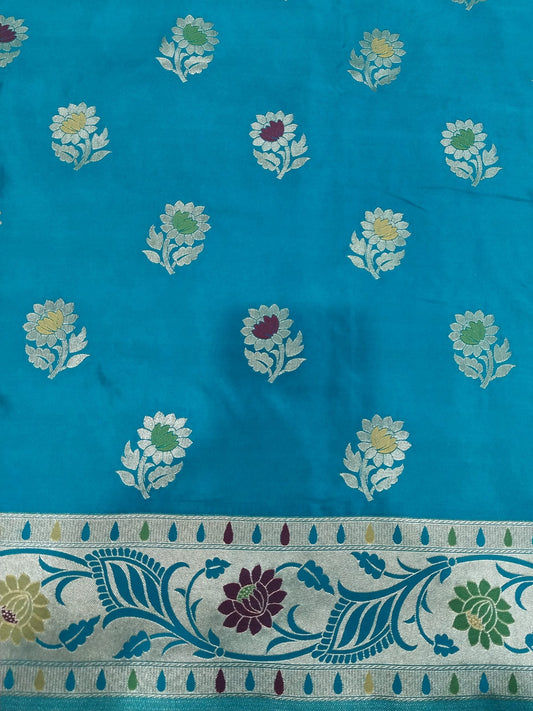 Blue-Green Golden Zari Mashru Silk Banarasi Saree
