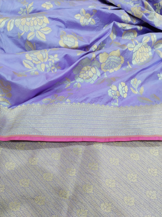 Purple with Golden & Silver Zari Pur Silk Banarasi Saree