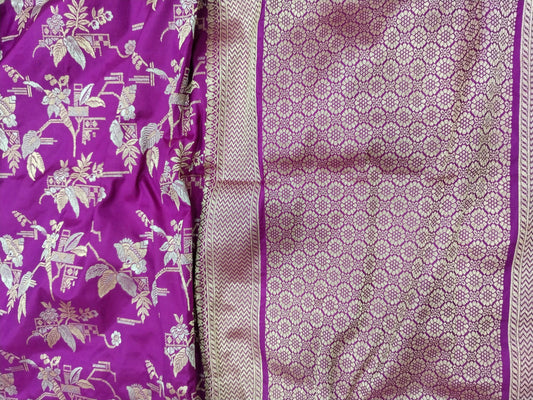 Magenta with Golden & Silver Zari Pure Silk Banarasi Sare