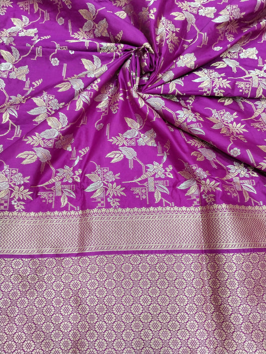 Magenta with Golden & Silver Zari Pure Silk Banarasi Sare