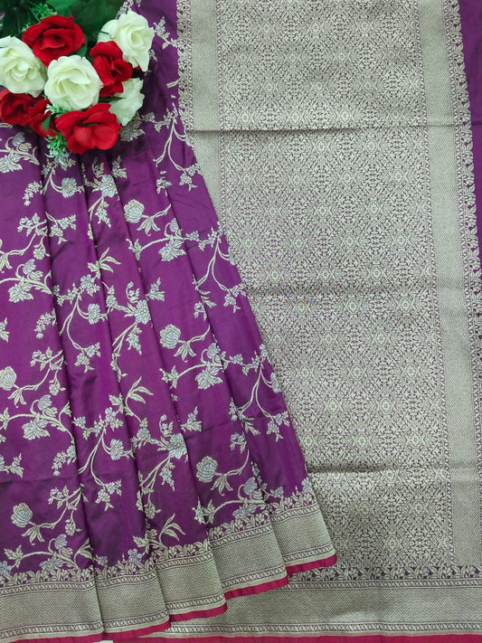 Rose Pink Golden & Silver Zari Pure Silk Banarasi Saree