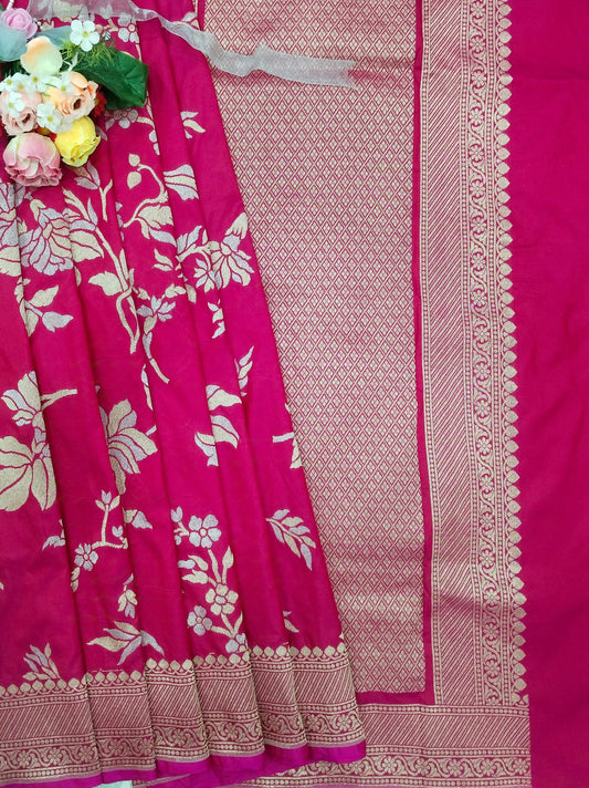 Pink with Red Tone Zari Work Pure Silk Banarasi Saree